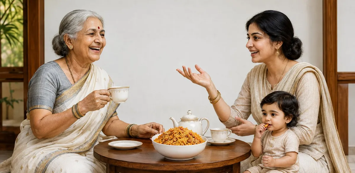 A grandmother, mother and child sharing namkeen over tea